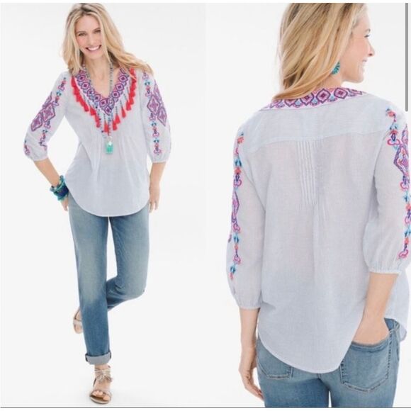 Chico's Tops - CHICO'S Pinstriped Embroidered Tassel Trim Beaded Peasant Top Size 3P Large Boho
